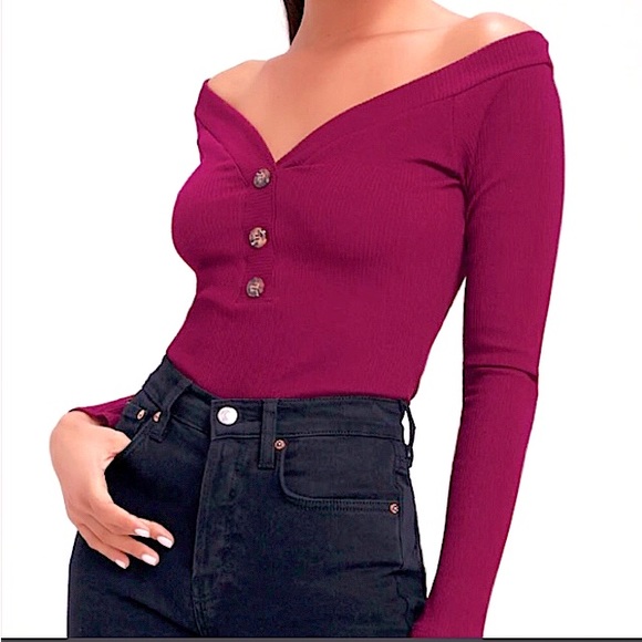 (NWOT) LuLus Lilith Burgundy Off-the-Shoulder V-Neck Long Sleeve Ribbed Bodysuit - Picture 2 of 10